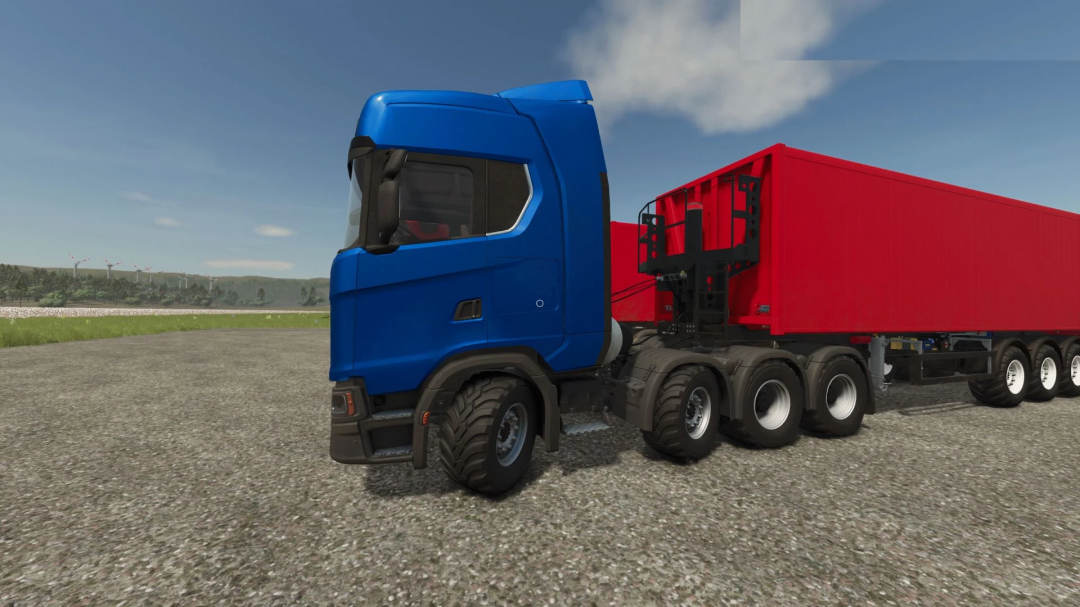 Farming Simulator 25 mod: Blue truck with red trailer designed for FS25 mods in Farming Simulator 25.