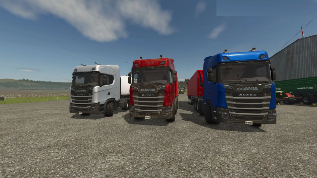 Screenshot from Farming Simulator 25 featuring Scania 8x8 trucks mod in white, red, and blue colors, part of FS25 mods collection.