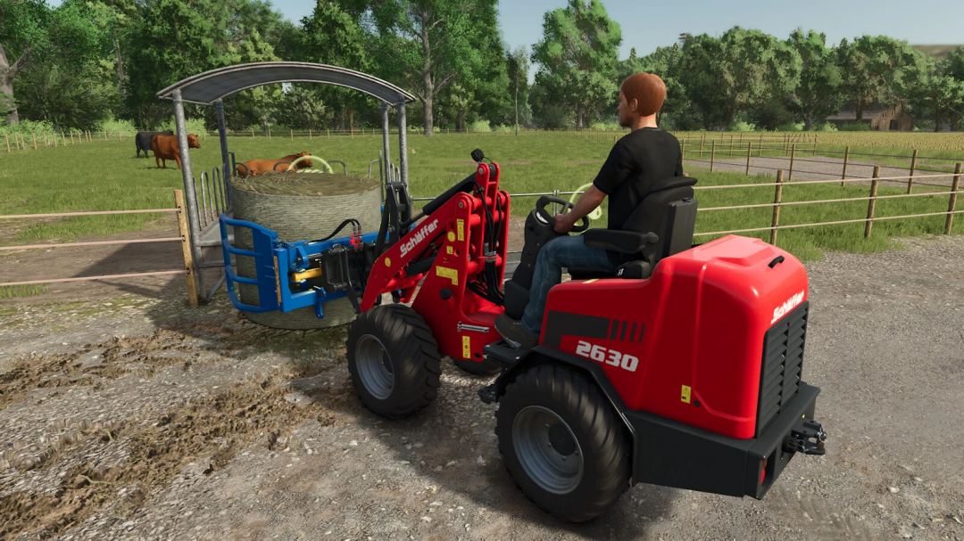 Vehicle with Schäffer 2630 v1.0.0.0 mod attaching hay bale wrapper in Farming Simulator 25.