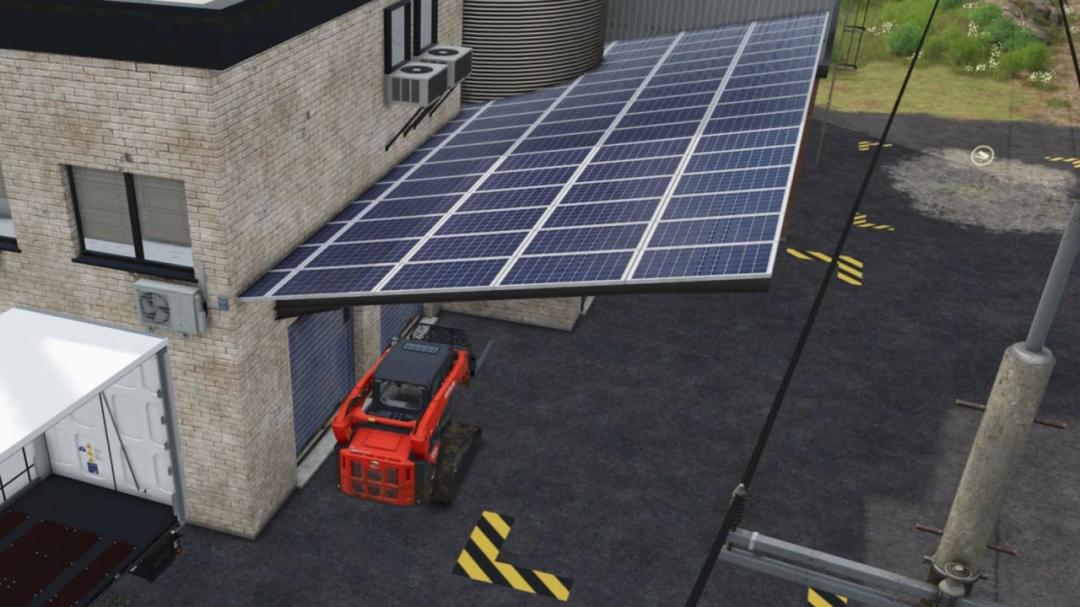 Farming Simulator 25 mod showing a shed with solar roof, equipped with solar panels, and a nearby utility vehicle.