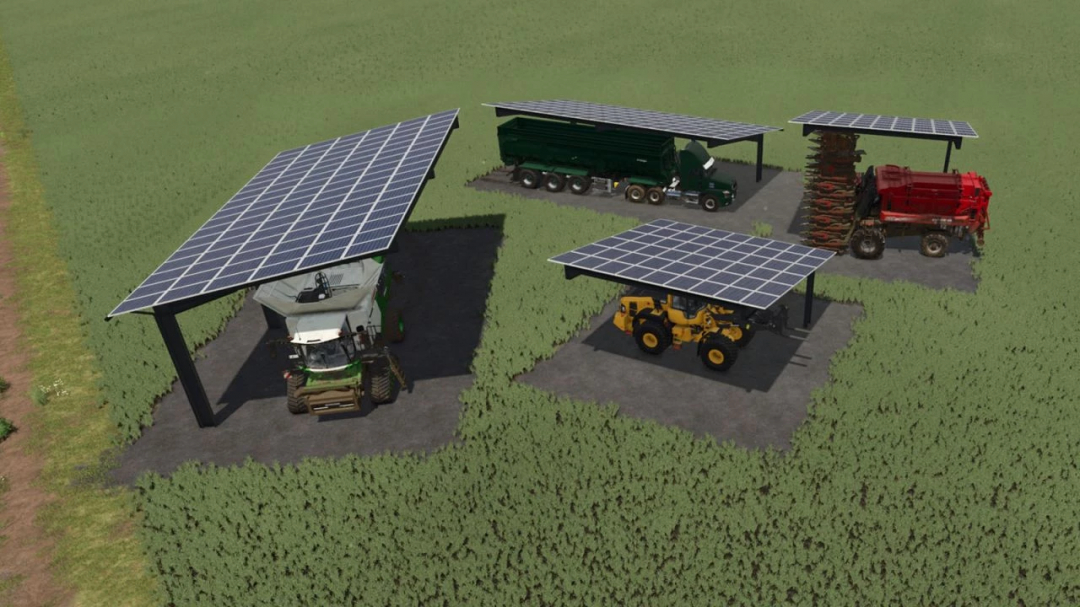 Farming Simulator 25 mods: sheds with solar roofs, covering equipment like harvesters, tractors, and trailers with solar panel installations.