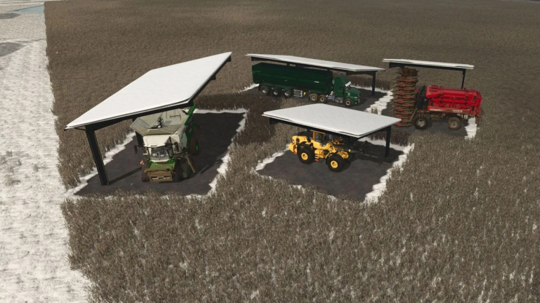 Farming Simulator 25 mods: sheds with solar roofs for equipment storage, including tractors, harvesters, and trailers, for FS25 mods.