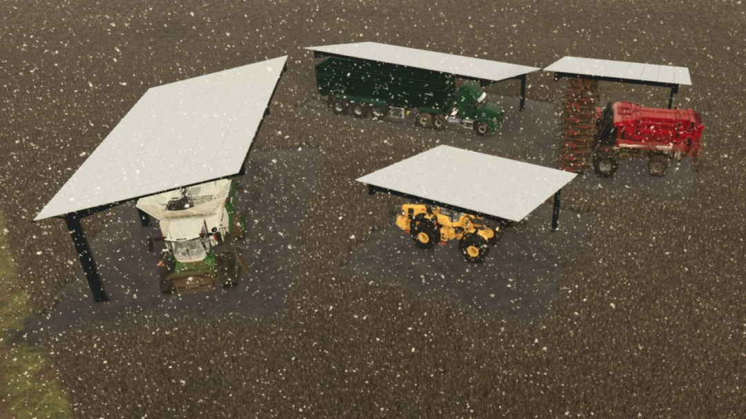 Farming Simulator 25 mod: Shed with solar roof and various farming equipment under a snowing sky.