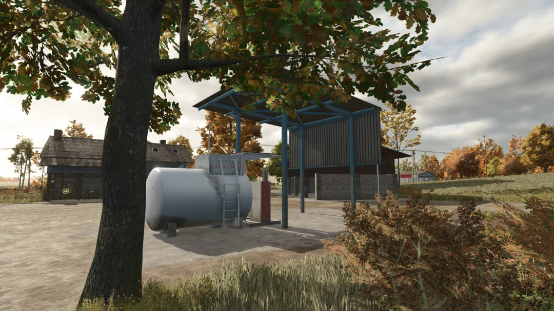 Farm scene with a small diesel tank and barn in autumn, for FS25 mods and Farming Simulator 25 mods.