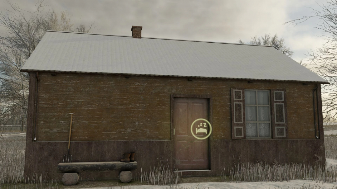 Small Polish Wooden House mod from Farming Simulator 25, in a snowy rural setting with a sleeping icon near the door.