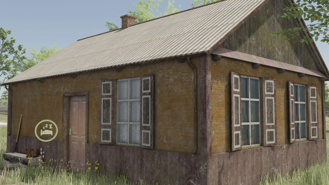 Old wooden house in Farming Simulator 25 with rustic shutters, overgrown grass, and a sleeping icon overlay.