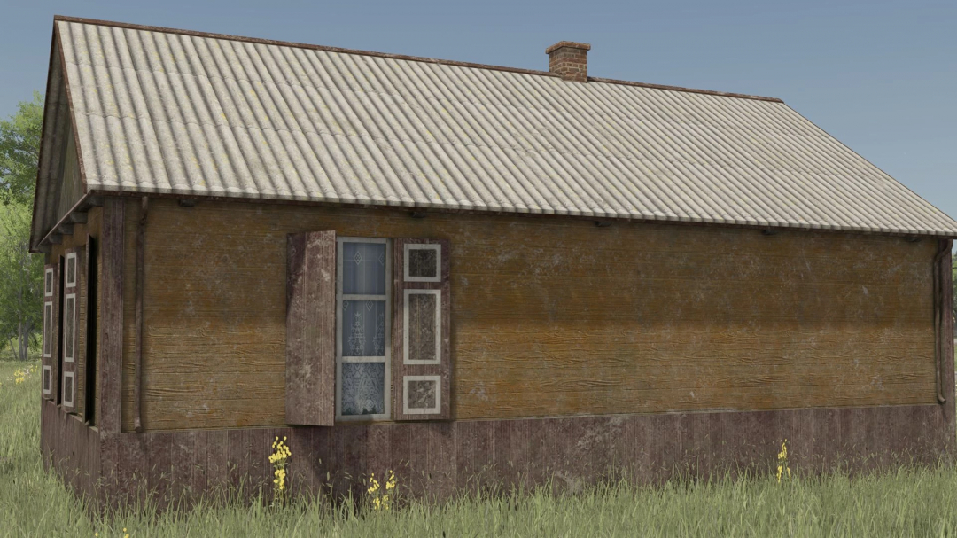 Small Polish Wooden House in Farming Simulator 25 with weathered wood and old shutters, part of FS25 mods.