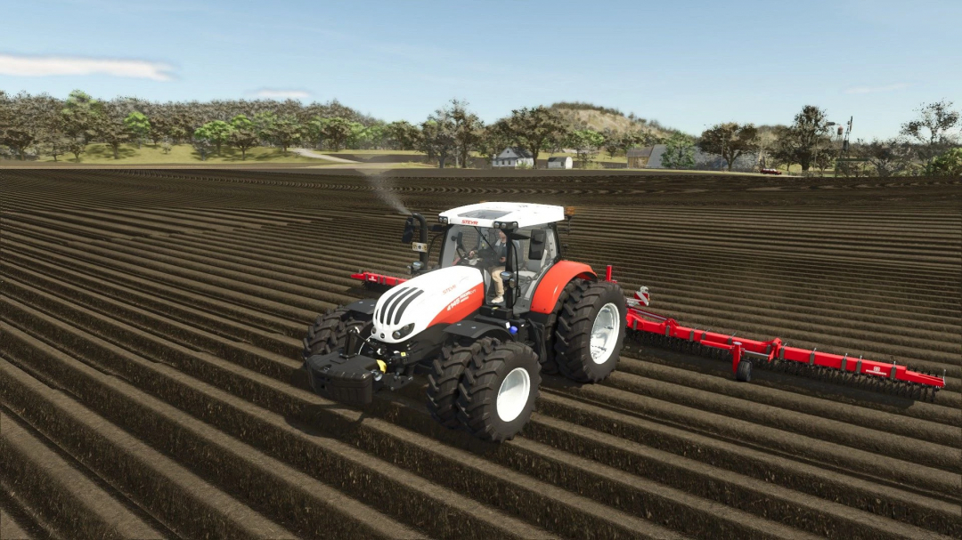 Farming Simulator 25 mod featuring a Steyr Profi CVT tractor working in a field with freshly plowed soil, highlighting FS25 mods.