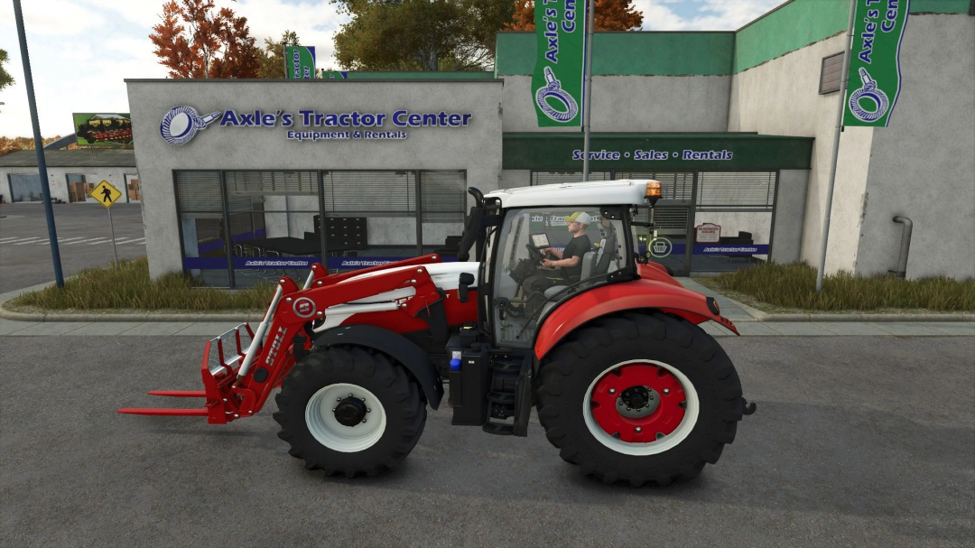 Farming Simulator 25 mod: Red and white Steyr Profi CVT tractor parked outside Axle's Tractor Center, a machinery rental and sales shop.