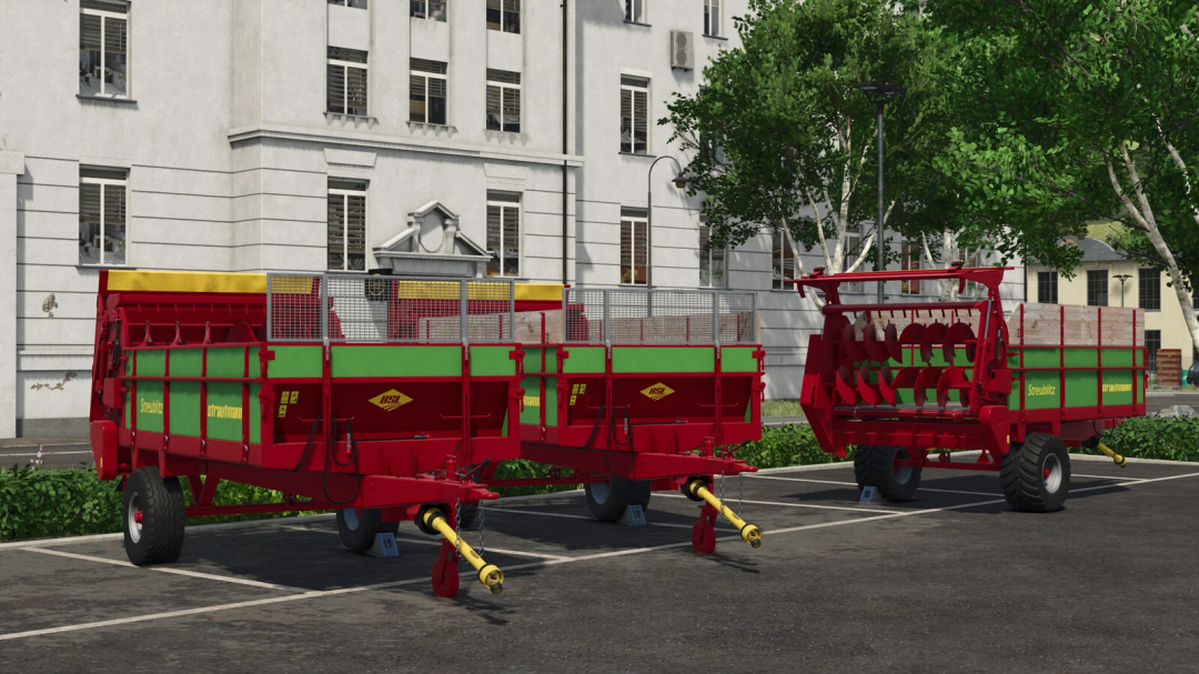 Farming Simulator 25 mods: two Struiblitz Streublitz BE 5 seeders parked outdoors, detailed in-game models for Farming Simulator 25.