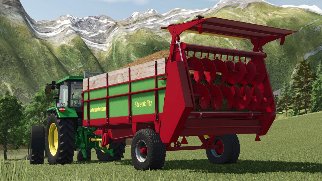 Farming Simulator 25 mod: Strautmann Streublitz BE 5, a detailed manure spreader attachment for farming operations with a green tractor in a scenic landscape.