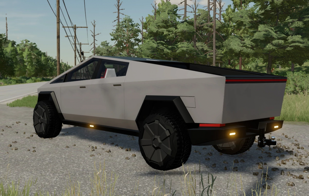 Tesla Cyber Truck mod with snow plow in Farming Simulator 22, a futuristic electric vehicle for FS22 mods.