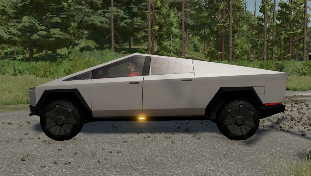 Farming Simulator 22 mod: Tesla Cyber Truck with snow plow in a forest scene.