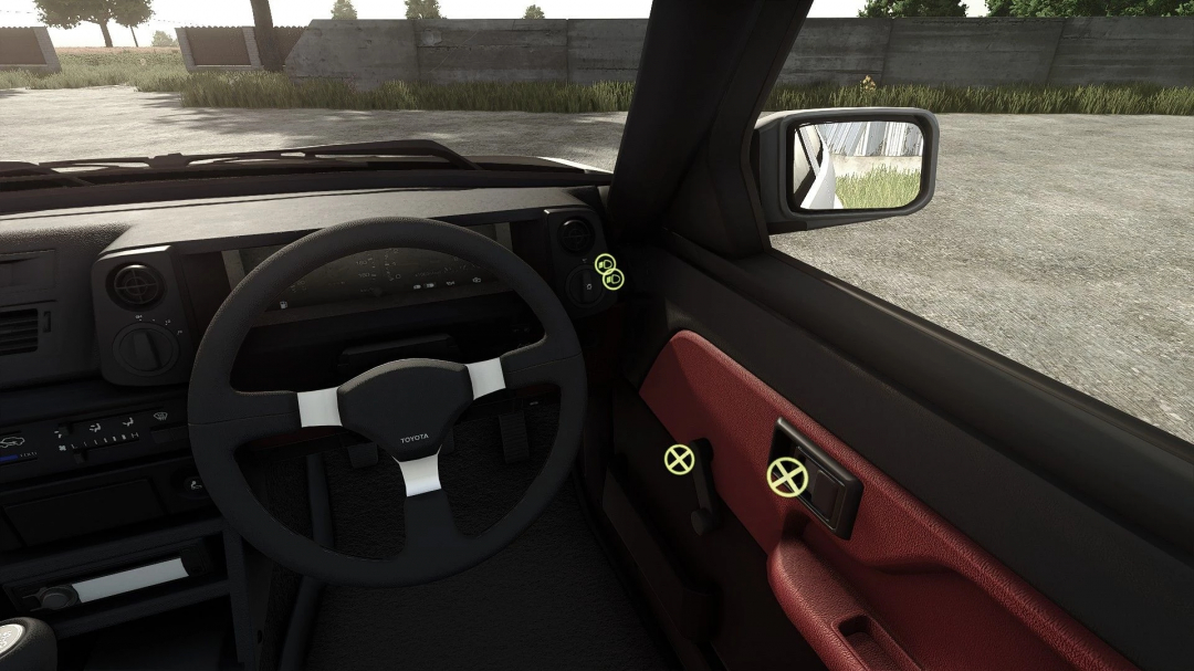 Inside view of a vehicle mod in Farming Simulator 25, featuring a steering wheel, dashboard, and door controls with highlighted interactive elements.