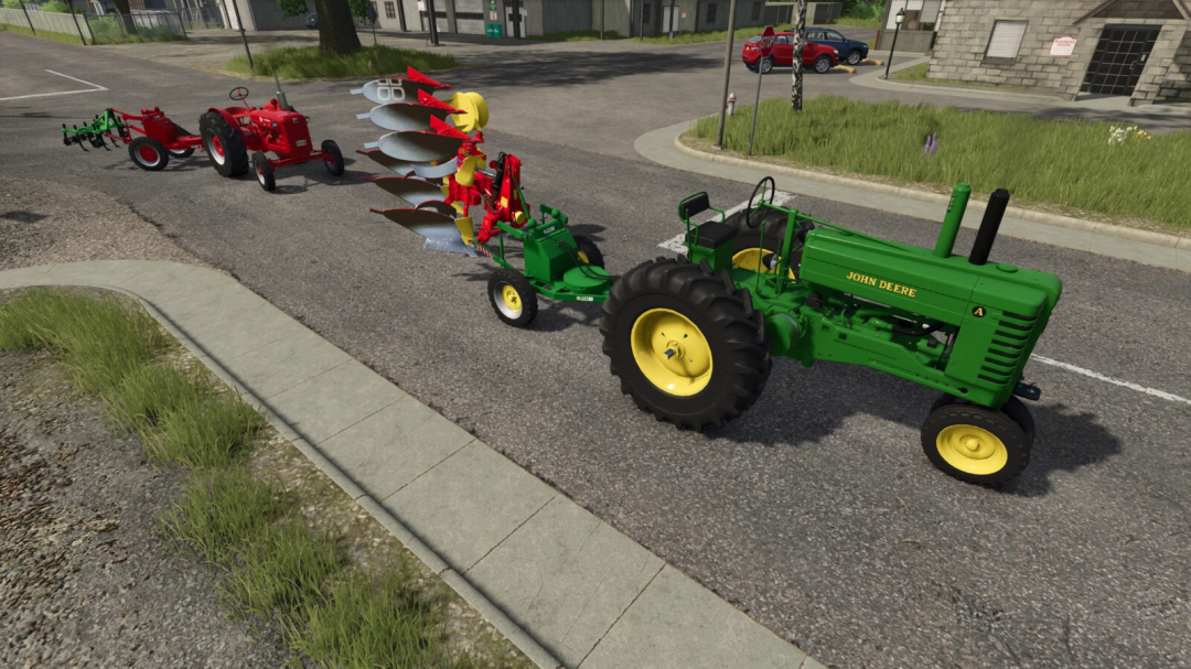 Farming Simulator 25 mods featuring a John Deere tractor pulling a trailer with farming equipment on urban street.