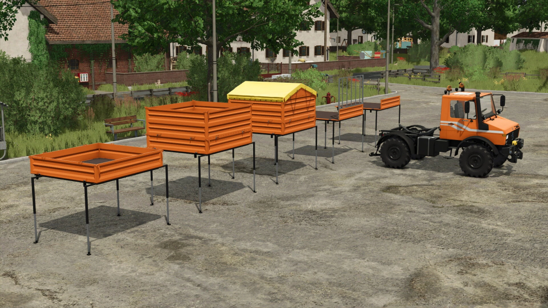 Farming Simulator 25 mods showcase orange plant containers and a UNIMOG U1200, U1400, U1600 mod for versatile farming tasks.