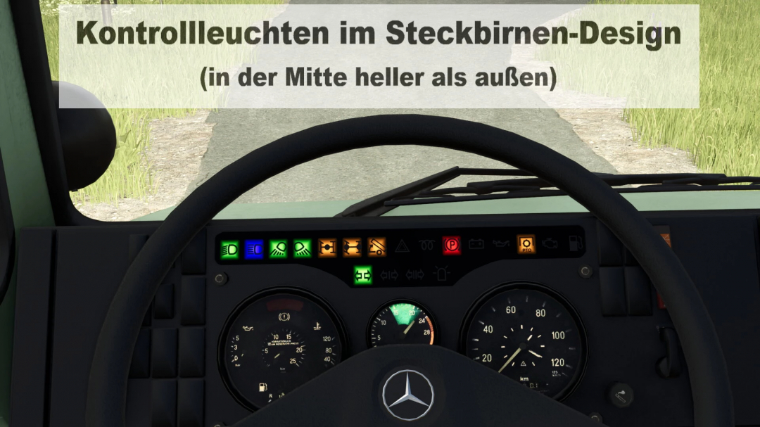 Dashboard with control lights in a Mercedes-Benz Unimog, part of FS25 mods, featuring a steering wheel and instrument panel.