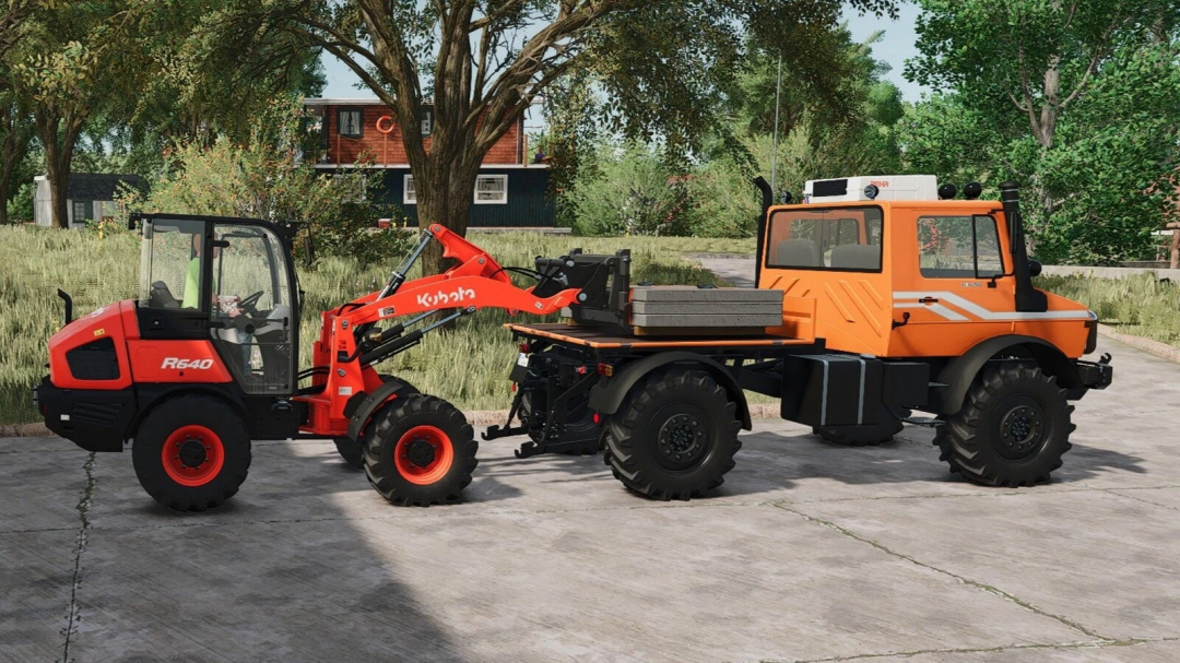 Farming Simulator 25 mods: Unimog U1250, U1450, U1650 tractor with front loader and flatbed, in a rural setting.