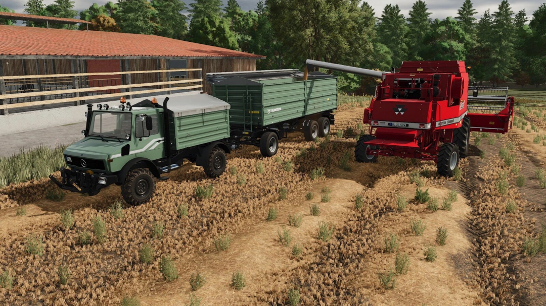 Farming Simulator 25 mod featuring a red forage harvester and green trucks in a field setting.