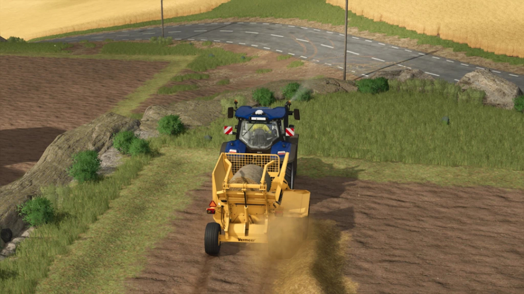 Farming Simulator 25 mods featuring a Vermeer BPX 9010 Rust Edition 1.0.0.0 harvesting implement in a field with a tractor and dust cloud.
