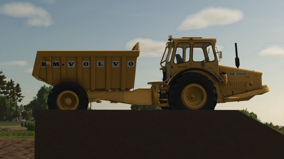 Farming Simulator 25 mod showcasing a yellow Volvo DR631 tractor with a matching cargo bed, part of FS25 mods collection.