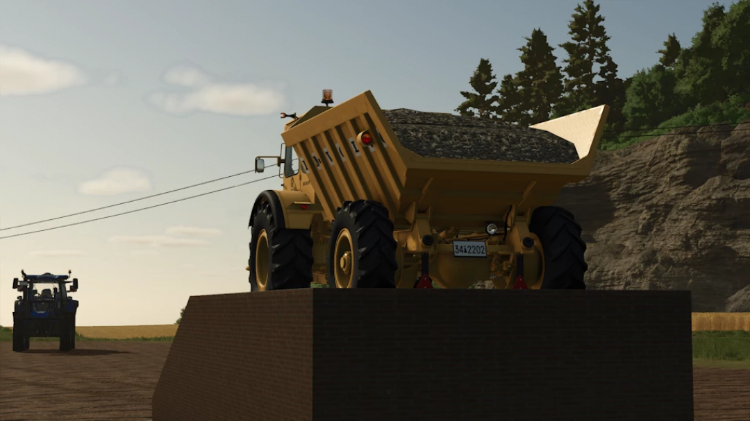 Farming Simulator 25 mods: Volvo DR631 1.1.0.0 dump truck atop a platform in a rural field setting.