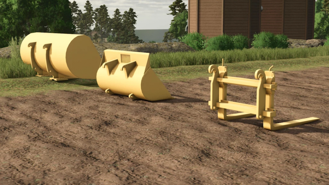 Farming Simulator 25 mods: Volvo wheel loader tool pack with large tanks and attachment, set on a farm field.