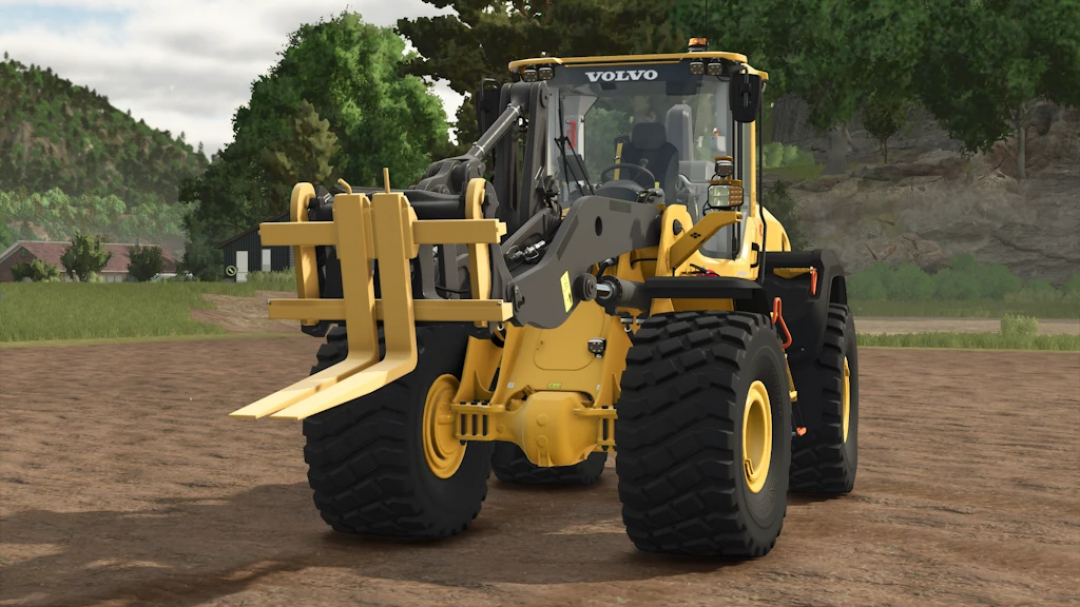 Farming Simulator 25 mod: Volvo Wheel Loader Tool Pack 1.1.0.0 showcased in a farm field with trees and mountains in the background.
