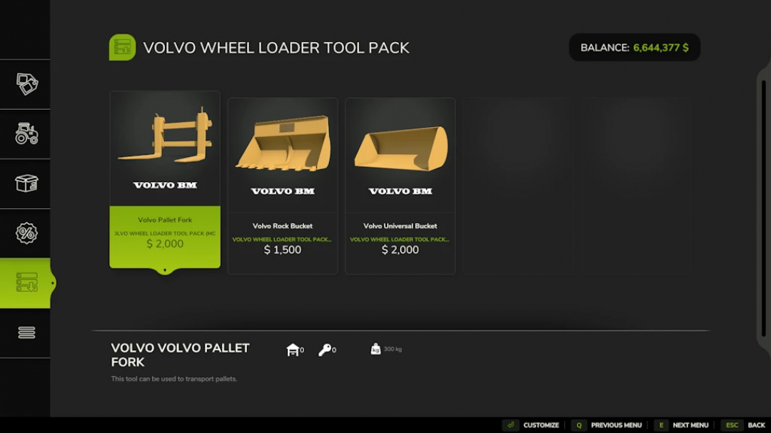 Farming Simulator 25 mod: Volvo Wheel Loader Tool Pack featuring pallet fork, rock bucket, and universal bucket for tractor attachments.