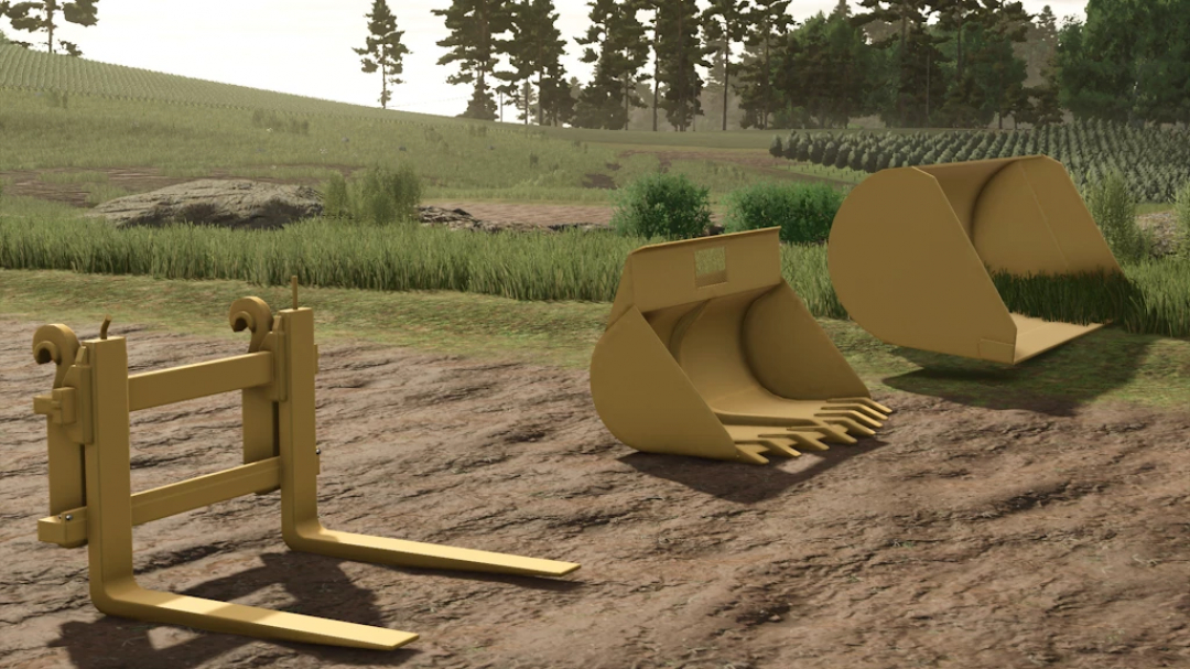 Farming Simulator 25 mods: Volvo Wheel Loader Tool Pack 1.1.0.0 showing attachment forks and bucket for versatile farming tasks.