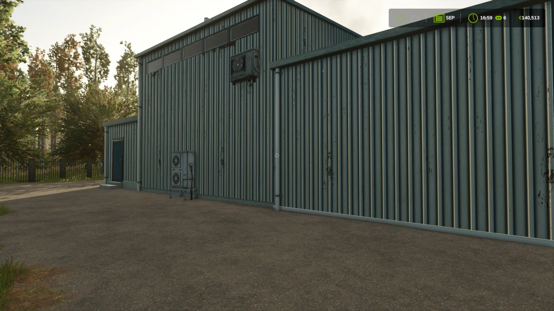 Farming Simulator 25 mods: Steel industrial building with air conditioning units, suitable for wine production mod in FS25.