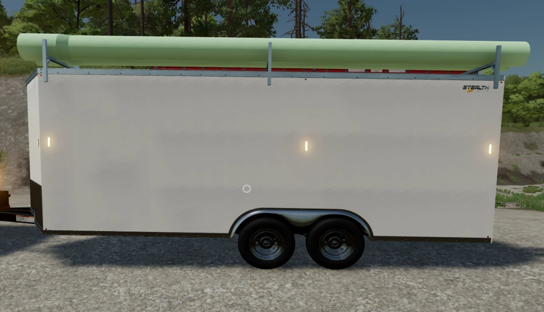 FS22 mod Work Trailer Edit v2.0.0.0 in Farming Simulator 22, featuring a white trailer with a green pipe on top, on a gravel road.