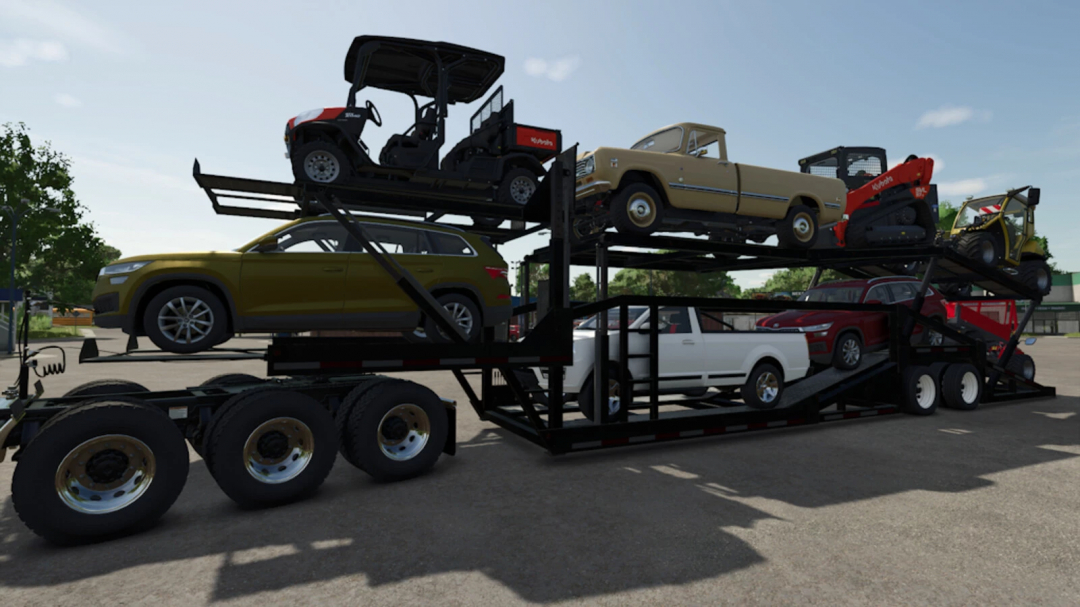 Car carrier trailer loaded with various vehicles, including SUVs, trucks, and construction equipment, for Farming Simulator 25 mods.