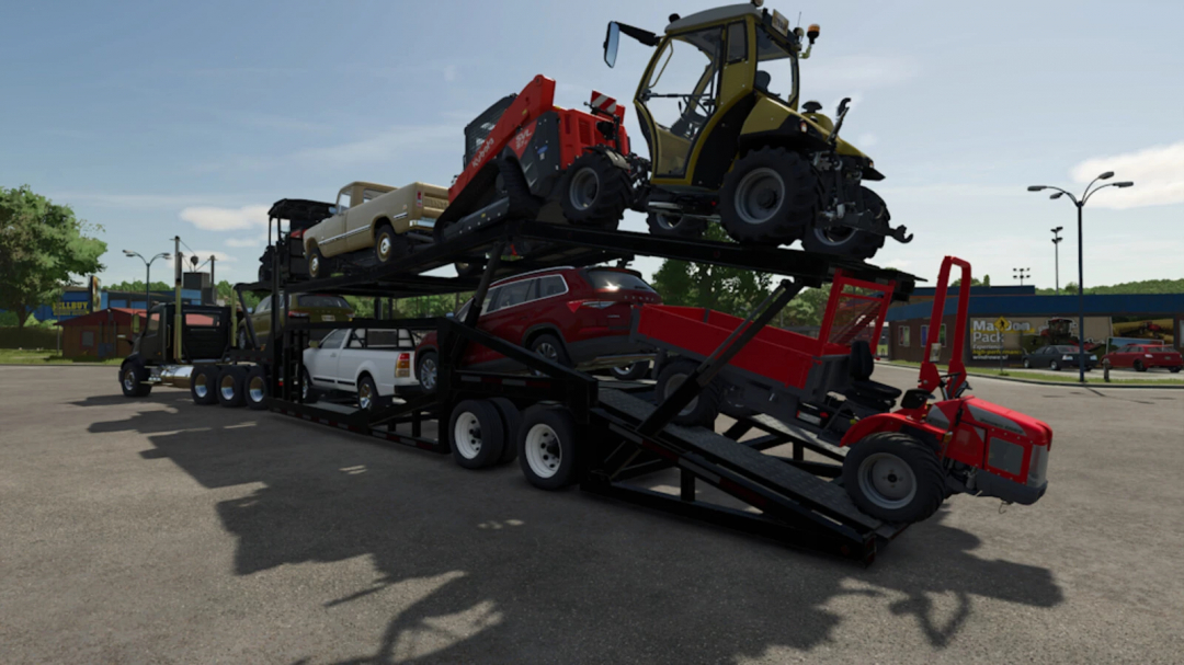 Farming Simulator 25 mod showcasing the XPS 8400 Car Carrier v1.0.0.0 carrying cars and construction equipment on a multi-level trailer.