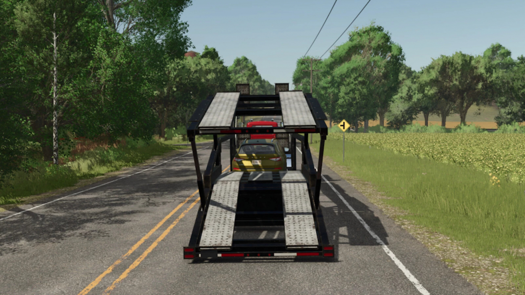 Farming Simulator 25 mod, car carrier trailer transport for FS25 mods, driving down a rural road with cars loaded on a transport trailer.