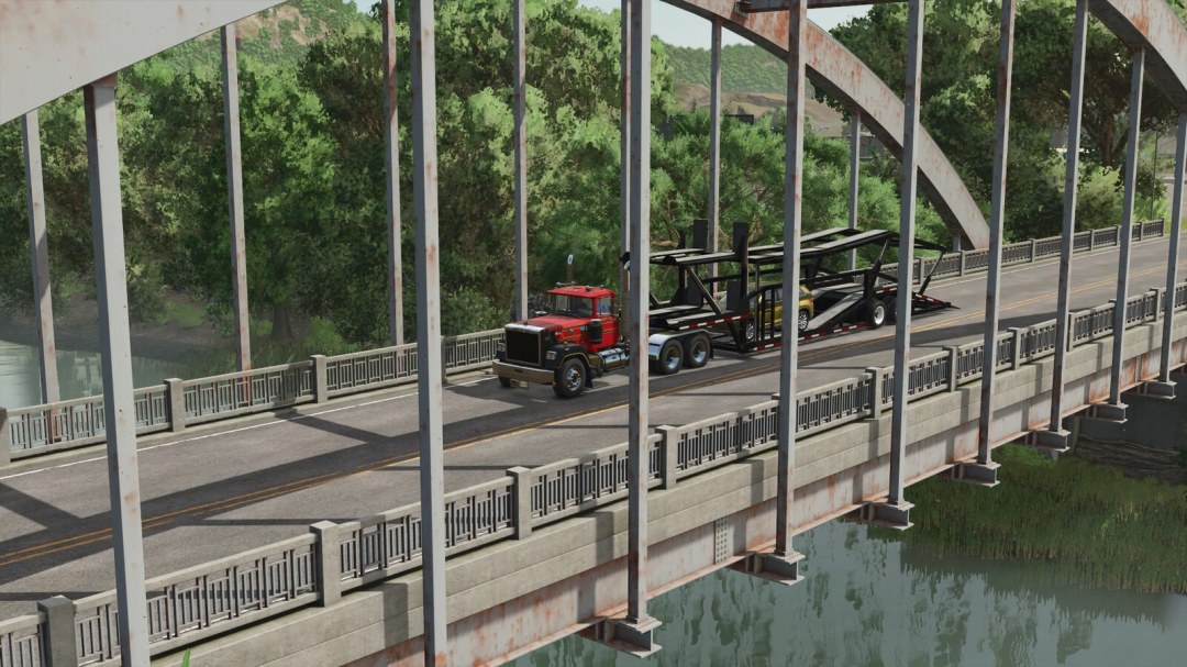 Farming Simulator 25 mod: Car carrier truck on a bridge with scenic green trees in the background.