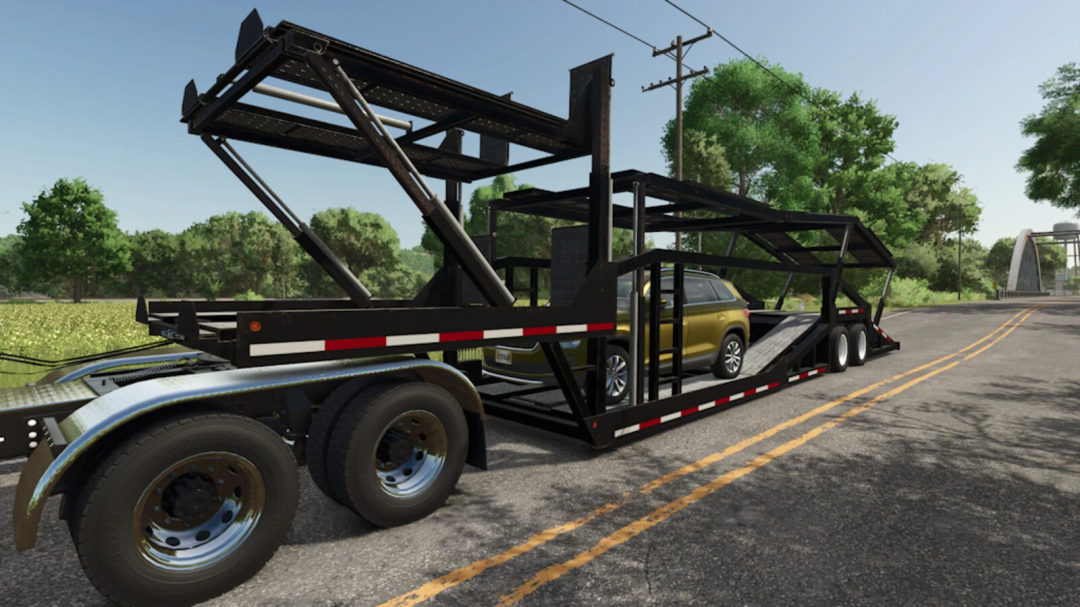 Farming Simulator 25 mod: XPS 8400 Car Carrier v1.0.0.0, a black double-decker car trailer with a Gold SUV loaded, on a rural road.