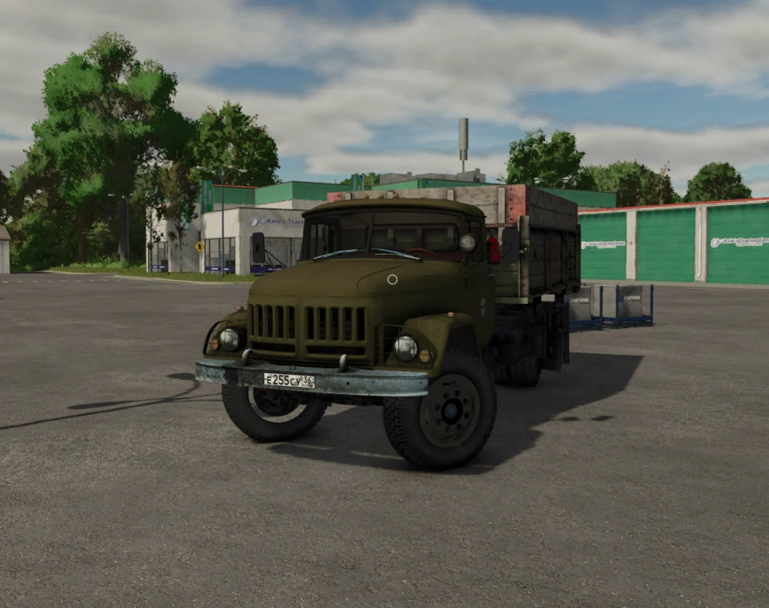 Farming Simulator 25 mod featuring the ZIL 130 Amur truck in a city environment.