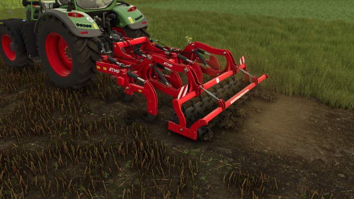 fs25-mods,  Farming Simulator 25 mod: Red ATMP GB300 tillage implement attached to a tractor, working on farmland.