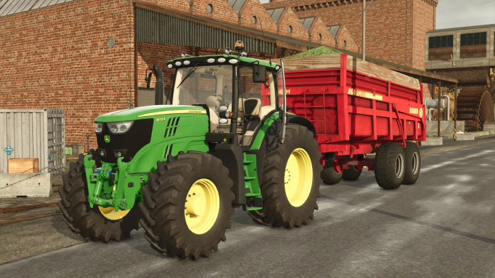 fs25-mods,  Farming Simulator 25 mod: John Deere 6170R tractor with red Agram BigBen 13T trailer on a farm.