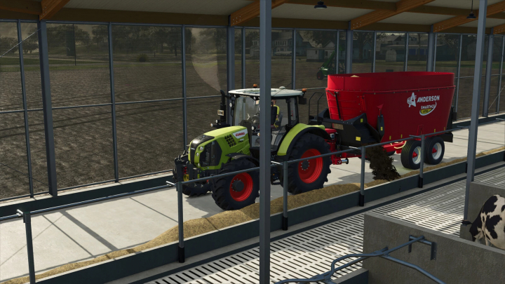fs25-mods,  Farming Simulator 25 mod: CLAAS tractor with Anderson A700/A950 feed mixer inside livestock farm.