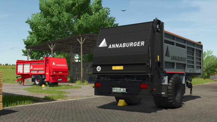fs25-mods,  Farming Simulator 25 mods: Annaburger HTS 11D.04 spreaders in black and red, used for agricultural material transport.