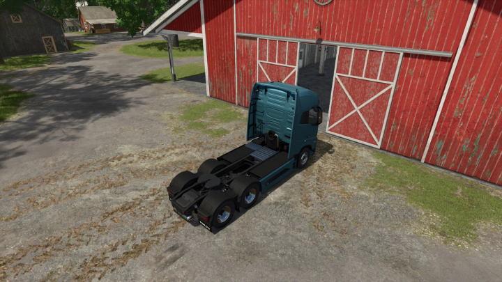 fs25-mods, Farming Simulator 25 mod: Volvo truck parked outside a red barn with an automatic gate, showcasing the AutomaticGate v1.0.0.0 mod.