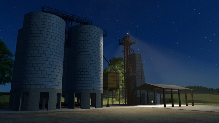 fs25-mods,  Farming Simulator 25 mod: B1-15 Grain Silo v1.0.0.0 in night setting, detailed grain storage silos for realistic farming experience.