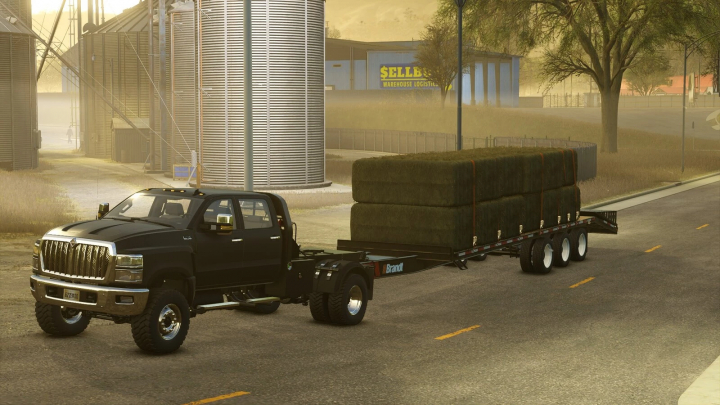 fs25-mods, Farming Simulator 25 mod featuring a black truck with a flatbed loaded with hay bales, displaying the Brandt 1124 Deckover Trailer v1.1.0.0.