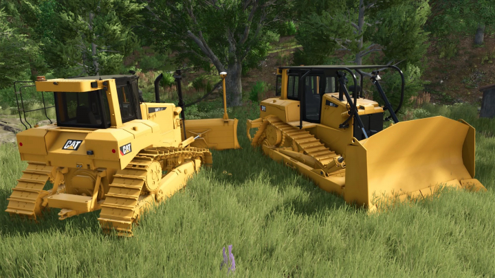 fs25-mods,  Farming Simulator 25 mods featuring yellow CAT D6T bulldozers with tracks and accessories on a grassy field.