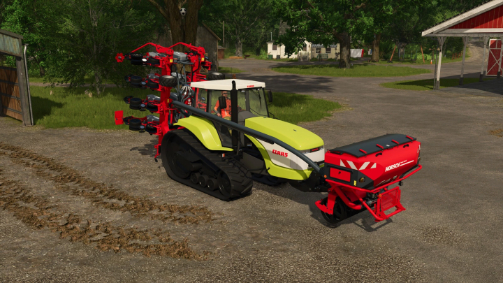 fs25-mods,  Farming Simulator 25 mod: CLAAS-Caterpillar Challenger 35E-55E Series tractor with seed planter attachment on a farm dirt road.