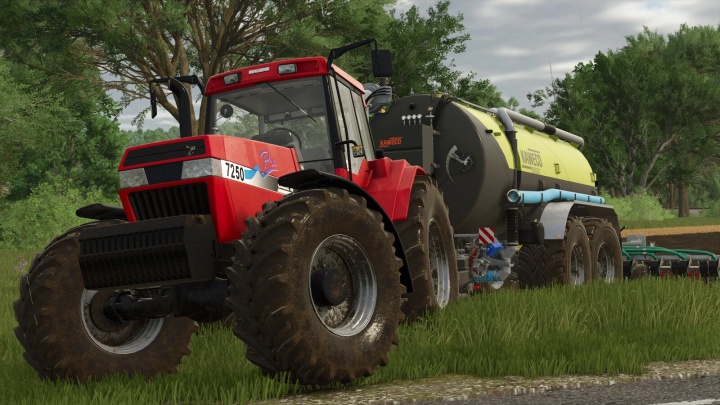 fs25-mods,  Farming Simulator 25 mod: Red Case IH 7200 Series tractor with a Kaweco tank trailer in a green field.