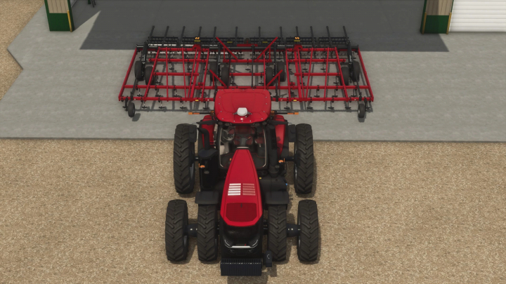 fs25-mods,  Farming Simulator 25 mod: Red tractor with a large red cultivator attachment, ready for fieldwork.