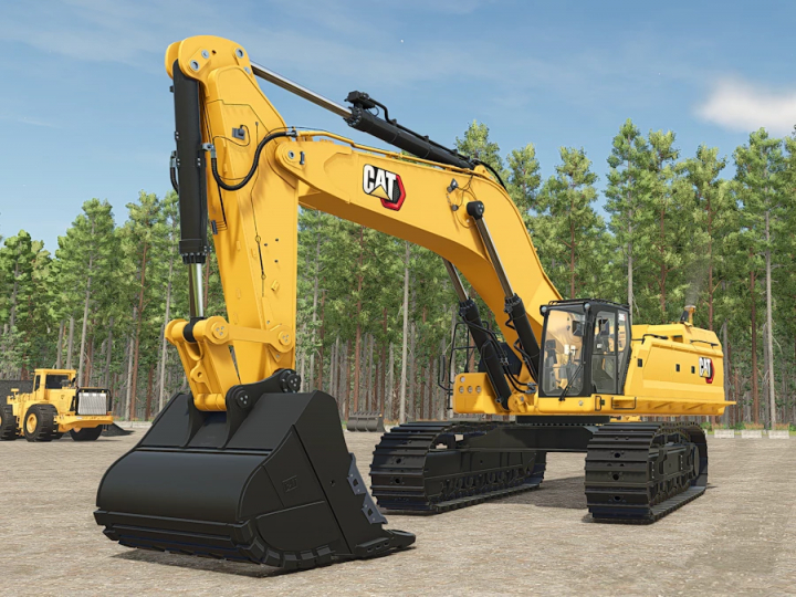 fs25-mods,  Farming Simulator 25 mod featuring the Cat 395 Excavator v1.0.0.0 with yellow construction equipment and tracked vehicle, ready for farming tasks.